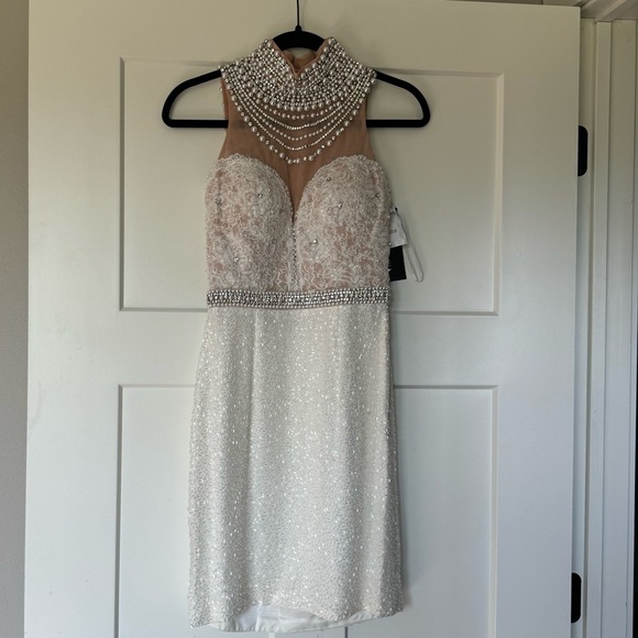 Sherri Hill Formal White Nude Jeweled Mini Dress 0 New - Picture 1 of 7